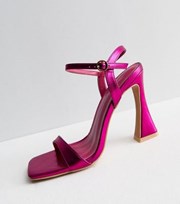 New Look Bright Pink Metallic Leather-Look Flared Heel Strappy Sandals